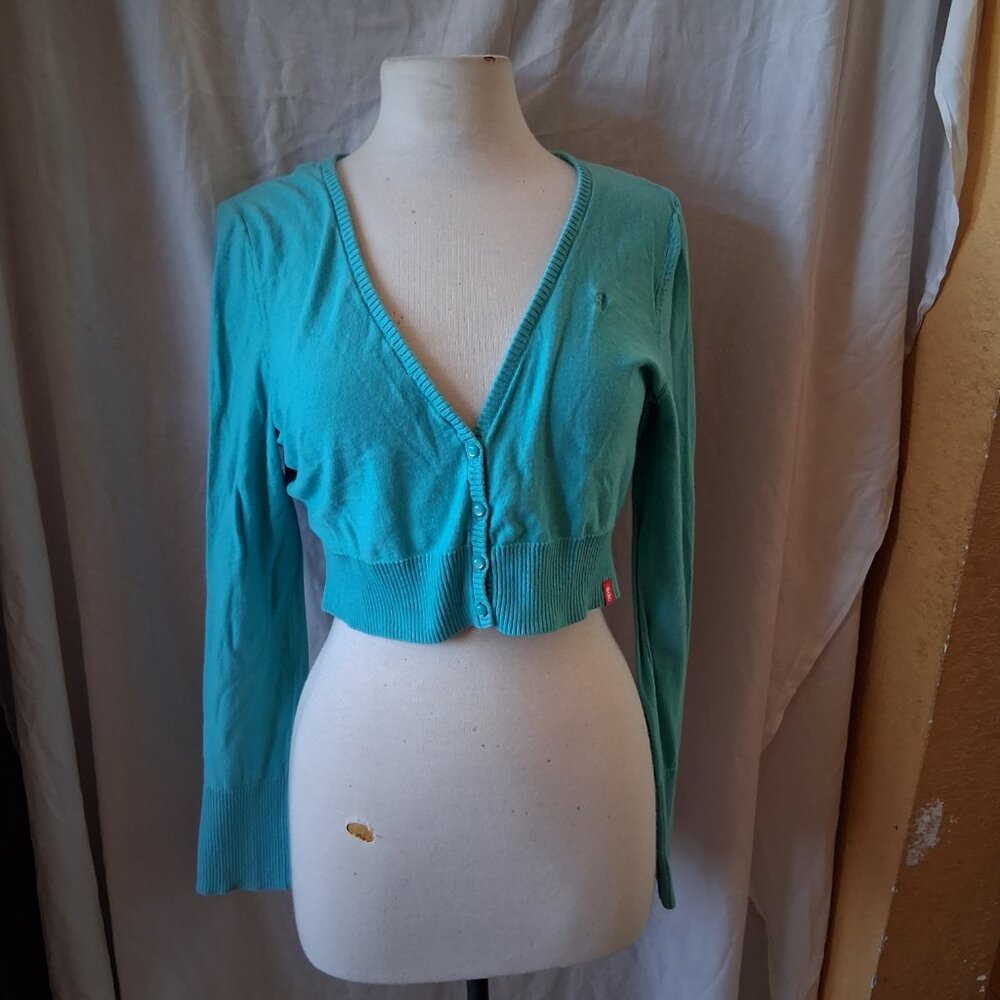 EDC women's cropped blue cardigan with 3 buttons and ripped details XXL cotton